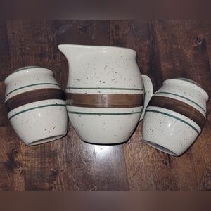 Cabela's folk craft stoneware Speckled Salt & Pepper Set and Pitcher.